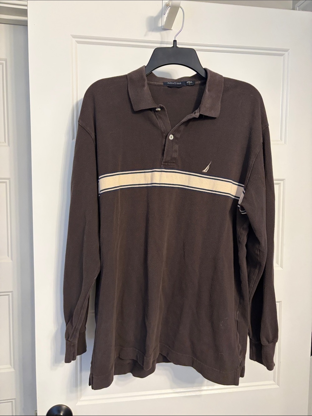Nautica Brown Long-Sleeve Polo with Cream Chest Stripe